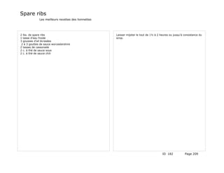 Spare ribs
              Les meilleurs recettes des lionnettes




2 lbs. de spare ribs                                  Laisser mijoter le tout de 1½ à 2 heures ou jusqu'à consistance du
1 tasse d'eau froide                                  sirop.
3 gousses d'ail écrasées
 2 à 3 gouttes de sauce worcestershire
2 tasses de cassonade
2 c. à thé de sauce soya
2 c. à thé de sauce chili




                                                                                         ID 182           Page 209
 