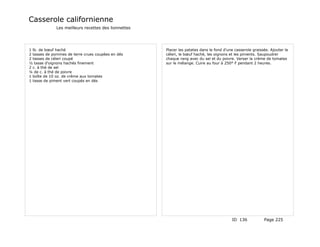 Casserole californienne
             Les meilleurs recettes des lionnettes




1 lb. de bœuf haché                                  Placer les patates dans le fond d'une casserole graissée. Ajouter le
2 tasses de pommes de terre crues coupées en dés     céleri, le bœuf haché, les oignons et les piments. Saupoudrer
2 tasses de céleri coupé                             chaque rang avec du sel et du poivre. Verser la crème de tomates
½ tasse d'oignons hachés finement                    sur le mélange. Cuire au four à 250° F pendant 2 heures.
2 c. à thé de sel
¼ de c. à thé de poivre
1 boîte de 10 oz. de crème aux tomates
1 tasse de piment vert coupés en dés




                                                                                         ID 136            Page 225
 