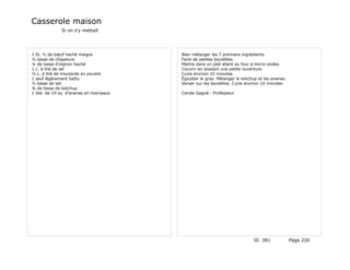 Casserole maison
              Si on s'y mettait




1 lb. ½ de bœuf haché maigre            Bien mélanger les 7 premiers ingrédients.
½ tasse de chapelure                    Faire de petites boulettes.
¼ de tasse d'oignon haché               Mettre dans un plat allant au four à micro-ondes.
1 c. à thé de sel                       Couvrir en laissant une petite ouverture.
½ c. à thé de moutarde en poudre        Cuire environ 10 minutes.
1 œuf légèrement battu                  Égoutter le gras. Mélanger le ketchup et les ananas.
½ tasse de lait                         Verser sur les boulettes. Cuire environ 10 minutes.
¾ de tasse de ketchup
1 bte. de 19 oz. d'ananas en morceaux   Carole Gagné - Professeur




                                                                           ID 381              Page 226
 