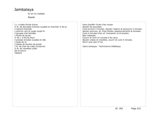 Jambalaya
              Si on s'y mettait
              Rapide


1 c. à table d'huile d'olive                               Faire chauffer l'huile à feu moyen
½ lb. de saucisses Chorizos coupées en tranches ¼ de pc.   Ajouter les saucisses.
2 oignons tranchés                                         Cuire environ 3 minutes. Ajouter l'oignon et pousuivre 3 minutes.
1 poivroin vert et rouge coupé fin                         Ajouter poivrons, ail, fines herbes, assaisonnements et tomates.
2 gousses d'ail hachées                                    Cuire 4 minutes à feu vif. Incorporer riz et bouillon.
1 feuille de laurier                                       Bien mélanger.
¼ de c. à thé de thym                                      Couvrir et cuire 15 minutes à feu doux.
2 grosses tomates coupées en dés                           Ajouter crabes et crevettes, couvrir et cuire 4 minutes.
1 tasse de riz                                             Servir avec pain à l'ail.
2 tasses de bouillon de poulet
1 lb. de chair de crabe (conserve)                         Claire Lévesque - Technicienne Diététique
½ lb. de crevettes cuites
Sel et poivre
Tabasco




                                                                                              ID 395            Page 233
 