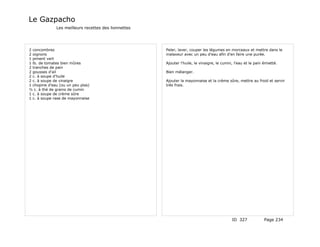 Le Gazpacho
              Les meilleurs recettes des lionnettes




2 concombres                                          Peler, laver, couper les légumes en morceaux et mettre dans le
2 oignons                                             malaxeur avec un peu d'eau afin d'en faire une purée.
1 piment vert
1 lb. de tomates bien mûres                           Ajouter l'huile, le vinaigre, le cumin, l'eau et le pain émietté.
2 tranches de pain
2 gousses d'ail                                       Bien mélanger.
2 c. à soupe d'huile
2 c. à soupe de vinaigre                              Ajouter la mayonnaise et la crème sûre, mettre au froid et servir
1 chopine d'eau (ou un peu plas)                      très frais.
½ c. à thé de grains de cumin
1 c. à soupe de crème sûre
1 c. à soupe rase de mayonnaise




                                                                                            ID 327             Page 234
 