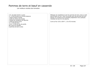 Pommes de terre et bœuf en casserole
               Les meilleurs recettes des lionnettes




1 lb. de steak haché ou autre                          Mélanger les ingrédients à part les pommes de terre, dans un plat
3 c. à thé de beurre ou d'huile italienne              beurré allant au four. Faire une purée avec les pommes de terre,
1 tasse d'oignon hachés                                ajouter sur le dessus de la première préparation avec quelques
1 boîte de crème de tomates                            noisettes de beurre et de paprika.
2 tasses de macédoine de légumes
1 tasse de sauce brune                                 Cuire au four 325 à 350° F , 35 à 40 minutes.
½ c. à thé de thym
¼ de c. à thé de clou de girofle
Sel, poivre et sariette
6 pommes de terre cuites




                                                                                          ID 139           Page 237
 