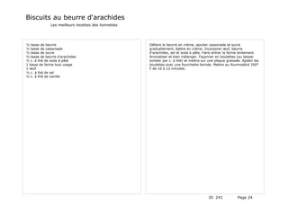 Biscuits au beurre d'arachides
              Les meilleurs recettes des lionnettes




½ tasse de beurre                                     Défaire le beurre en crème, ajouter cassonade et sucre
½ tasse de cassonade                                  graduellement; battre en crème. Incorporer œuf, beurre
½ tasse de sucre                                      d'arachides, sel et soda à pâte. Faire entrer la farine lentement.
½ tasse de beurre d'arachides                         Aromatiser et bien mélanger. Façonner en boulettes (ou laisser
½ c. à thé de soda à pâte                             tomber par c. à thé) et mettre sur une plaque graissée. Aplatir les
1 tasse de farine tout usage                          boulettes avec une fourchette farinée. Mettre au fourmodéré 350°
1 œuf                                                 F de 10 à 12 minutes.
½ c. à thé de sel
½ c. à thé de vanille




                                                                                          ID 243            Page 24
 