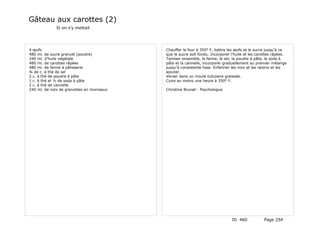 Gâteau aux carottes (2)
             Si on s'y mettait




4 œufs                                     Chauffer le four à 350° F, battre les œufs et le sucre jusqu'à ce
480 ml. de sucre granulé (poudre)          que le sucre soit fondu. Incorporer l'huile et les carottes râpées.
240 ml. d'huile végétale                   Tamiser ensemble, la farine, le sel, la poudre à pâte, le soda à
480 ml. de carottes râpées                 pâte et la cannelle, incorporer graduellement au premier mélange
480 ml. de farine à pâtisserie             jusqu'à consistante lisse. Enfariner les noix et les raisins et les
¾ de c. à thé de sel                       ajouter.
2 c. à thé de poudre à pâte                Verser dans un moule tubulaire graissée.
1 c. à thé et ½ de soda à pâte             Cuire au moins une heure à 350° F.
2 c. à thé de cannelle
240 ml. de noix de grenobles en morceaux   Christine Brunet - Psychologue




                                                                               ID 460            Page 254
 