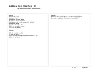Gâteau aux carottes (3)
              Les meilleurs recettes des lionnettes




4 œufs                                                Gâteau:
2 tasses de sucre                                     Mélanger dans l'ordre donné jusqu'à consistance lisse.
1½ tasse d'huile                                      Donne 2 gros gâteau. Cuire pour 1 heure à 350°F.
2 tasses de carottes râpés
¾ de tasse de noix hachées
1 boîte d'ananas broyés et égouttés (19 oz)
3 tasses de farine
1 c. à thé de soda à pâte
2 c. à thé de poudre à pâte
1 c. à thé de canelle

Glacage:

1 lb. de sucre en poudre
½ tasse de beurre
1 paquet de fromage Philadelphia en crème (4 oz)
1 c. à thé de vanille




                                                                                         ID 32             Page 255
 