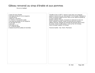 Gâteau renversé au sirop d'érable et aux pommes
             Si on s'y mettait




1 tasse de sirop d'érable                Chauffer le four à 350° F. Verser le sirop dans une casserole,
¾ de tasse de beurre ou de margarine     ajouter le beurre et le sel. Faire bouillir 5 à 8 minutes. Mélanger la
1 pincée de sel                          farine, la poudre à pâte et le sel. Dans un bol, battre la graisse et
1 tasse et ½ de farine                   le sucre, ajouter l'œuf.
2 c. à thé et ½ de poudre à pâte         Brasser quelques minutes. Incorporer en alternant le lait et la
¼ de tasse de graisse ou de margarine    farine. Ajouter la vanille. Verser le sirop dans les moules à
2/3 de tasse de sucre                    gâteaux beurrés. Disposer les tranches de pommes dans le fond
1 gros œuf                               du moule. Verser la pâte dessus. Cuire au four 50 minutes.
¾ de tasse de lait                       Sortir et laisser reposer 15 minutes.
½ c. à thé de vanille
2 tasses de pommes pelées et tranchées   Francine Ouellet - Ass. Techn. Pharmacie




                                                                              ID 463             Page 269
 