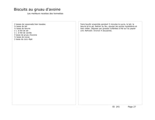 Biscuits au gruau d'avoine
              Les meilleurs recettes des lionnettes




2 tasses de cassonade bien tassées                    Faire bouillir ensemble pendant 5 minutes le sucre, le lait, le
½ tasse de lait                                       beurre et le sel. Retirer du feu, ajouter les autres ingrédients et
½ tasse de beurre                                     bien mêler. Déposer par grosses cuillérées à thé sur du papier
1 c. à thé de sel                                     ciré. Refroidir. Environ 4 douzaines.
1 c. à thé de vanille
3 tasse de gruau d'avoine
½ tasse de cocoa
1 tasse de coco râpé




                                                                                           ID 241             Page 27
 