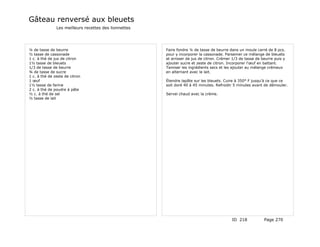 Gâteau renversé aux bleuets
               Les meilleurs recettes des lionnettes




¼ de tasse de beurre                                   Faire fondre ¼ de tasse de beurre dans un moule carré de 8 pcs.
½ tasse de cassonade                                   pour y incorporer la cassonade. Parsemer ce mélange de bleuets
1 c. à thé de jus de citron                            et arroser de jus de citron. Crémer 1/3 de tasse de beurre puis y
1½ tasse de bleuets                                    ajouter sucre et zeste de citron. Incorporer l'œuf en battant.
1/3 de tasse de beurre                                 Tamiser les ingrédients secs et les ajouter au mélange crémeux
¾ de tasse de sucre                                    en alternant avec le lait.
1 c. à thé de zeste de citron
1 œuf                                                  Étendre lapâte sur les bleuets. Cuire à 350° F jusqu'à ce que ce
1½ tasse de farine                                     soit doré 40 à 45 minutes. Refroidir 5 minutes avant de démouler.
2 c. à thé de poudre à pâte
½ c. à thé de sel                                      Servei chaud avec la crème.
½ tasse de lait




                                                                                          ID 218            Page 270
 