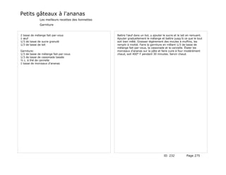 Petits gâteaux à l'ananas
              Les meilleurs recettes des lionnettes
              Garniture


2 tasse de mélange fait-par-vous                      Battre l'œuf dans un bol, y ajouter le sucre et le lait en remuant.
1 œuf                                                 Ajouter graduellement le mélange et battre jusqu'à ce que le tout
1/3 de tasse de sucre granulé                         soit bien mêlé. Graisser légèrement des moules à muffins, les
1/3 de tasse de lait                                  remplir à moitié. Faire la garniture en mêlant 1/3 de tasse de
                                                      mélange fait-par-vous, la cassonade et la cannelle. Étaler les
Garniture:                                            morceaux d'ananas sur la pâte et faire cuire à four modérément
1/3 de tasse de mélange fait-par-vous                 chaud, soit 400° F pendant 30 minutes. Servir chaud.
1/3 de tasse de cassonade tassée
½ c. à thé de cannelle
1 tasse de morceaux d'ananas




                                                                                          ID 232            Page 275
 