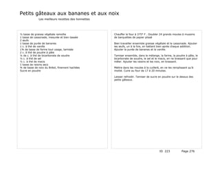 Petits gâteaux aux bananes et aux noix
              Les meilleurs recettes des lionnettes




½ tasse de graisse végétale ramollie                  Chauffer le four à 375° F . Doubler 24 grands moules à mussins
1 tasse de cassonade, mesurée et bien tassée          de barquettes de papier plissé
2 œufs
1 tasse de purée de bananes                           Bien travailler ensemble graisse végétale et la cassonade. Ajouter
1 c. à thé de vanille                                 les œufs, un à la fois, en battant bien après chaque addition.
1¾ de tasse de farine tout usage, tamisée             Ajouter la purée de bananes et la vanille.
2 c. à thé de poudre à pâte
¼ de c. à thé de bicarbonate de soudre                Tamiser ensemble, dans le mélange, la farine, la poudre à pâte, le
½ c. à thé de sel                                     bicarbonate de soudre, le sel et le macis, en ne brassant que pour
½ c. à thé de macis                                   mêler. Ajouter les raisins et les noix, en brassant.
1 tasse de raisins secs
¾ de tasse de noix du Brésil, finement hachées        Mettre dans les moules à la cuilleré, en ne les remplissant qu'à
Sucre en poudre                                       moitié. Cuire au four de 17 à 20 minutes.

                                                      Laisser refroidir. Tamiser de sucre en poudre sur le dessus des
                                                      petits gâteaux.




                                                                                          ID 223            Page 276
 