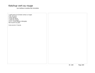 Ketchup vert ou rouge
              Les meilleurs recettes des lionnettes




1 petit panier de tomates vertes ou rouges
2 lbs. de sucre
3 gros oignons
½ pied de célerie
1 pinte de vinaigre
3 à 4 c. à thé d'épices mélangées
Sel et poivre au goût

Cuire environ 3 heures




                                                      ID 284   Page 289
 