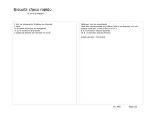 Biscuits choco rapido
              Si on s'y mettait




1 bte. de préparation à gâteau au chocolat   Mélanger tout les ingrédients.
2 œufs                                       Faire des petites boules de cuillère à thé et les disposer sur une
¼ de tasse de beurre ou margarine            plaque à biscuits. Cuire au four à 375° F .
¼ ou ¾ de beurre d'arachide                  8 à 10 minutes: biscuits tendres.
2 tasses de pépites de chocolat mi-sucré     10 à 15 minutes: biscuits fermes.

                                             Josée Larivière - Infirmière




                                                                                  ID 440            Page 29
 