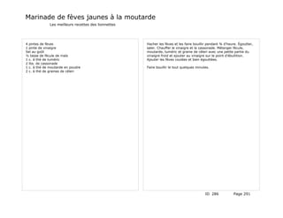 Marinade de fèves jaunes à la moutarde
              Les meilleurs recettes des lionnettes




4 pintes de fèves                                     Hacher les fèves et les faire bouillir pendant ¾ d'heure. Égoutter,
1 pinte de vinaigre                                   saler. Chauffer le vinaigre et la cassonade. Mélanger fécule,
Sel au goût                                           moutarde, tuméric et graine de céleri avec une petite partie du
½ tasse de fécule de maïs                             vinaigre froid et ajouter au vinaigre sur le point d'ébullition.
1 c. à thé de tuméric                                 Ajouter les fèves coulées et bien égouttées.
2 lbs. de cassonade
1 c. à thé de moutarde en poudre                      Faire bouillir le tout quelques minutes.
2 c. à thé de graines de céleri




                                                                                           ID 286           Page 291
 