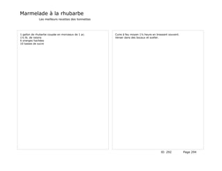 Marmelade à la rhubarbe
              Les meilleurs recettes des lionnettes




1 gallon de rhubarbe coupée en morceaux de 1 pc.      Cuire à feu moyen 1½ heure en brassant souvent.
1½ lb. de raisins                                     Verser dans des bocaux et sceller.
6 oranges hachées
10 tasses de sucre




                                                                                       ID 292           Page 294
 