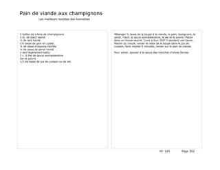 Pain de viande aux champignons
               Les meilleurs recettes des lionnettes




2 boîtes de crème de champignons                       Mélanger ½ tasse de la soupe à la viande, le pain, lesoignons, le
1 lb. de bœuf haché                                    persil, l'œuf, la sauce worcestershire, le sel et le poivre. Placer
½ de lard haché                                        dans un moule beurré. Cuire à four 350° F pendant une heure.
1½ tasse de pain en cubes                              Retirer du moule, verser le reste de la soupe dans le jus de
¼ de tasse d'oignons hachés                            cuisson, faire mijoter 5 minutes, verser sur le pain de viande.
¼ de tasse de persil haché
1 œuf légèrement battu                                 Pour varier, ajouter à la sauce des tranches d'olives farcies.
1 c. à thé de sauce worcestershire
Sel et poivre
1/3 de tasse de jus de cuisson ou de lait.




                                                                                            ID 145            Page 302
 