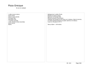 Pizza Grecque
               Si on s'y mettait




1 pâte à pizza nature              Badigeonner la pâte d'huile.
Huile d'olive                      Étendre la sauce à pizza.
Sauce à pizza épicée               Égrenner le fromage feta.
Fromage Feta                       Étendre ensuitre le parmesan.
Parmesan frais                     Disposer les tomates et les olives sur le dessus. Saler et poivrer,
1 tomate tranchée                  et mettre généreusement du basilic séché sur le dessus.
1 bte. d'olives noires tranchées   Cuire 12 minutes à 375° F.
Sel et Poivre
Basilic                            Nancy Albert - Infirmières




                                                                        ID 414            Page 364
 