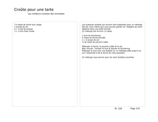Croûte pour une tarte
              Les meilleurs recettes des lionnettes




1½ tasse de farine tout usage                         Les quelques recettes qui suivent sont préparées avec un mélange
1 pincée de sel                                       fait par vous-même que vous pouvez garder sur l'étagère de votre
6 c. à thé de graisse                                 dépense dans une boîte fermée.
3 c. à thé d'eau froide                               Ce mélange fait environ 13 tasse

                                                      1 livre de shortening
                                                      9 Tasse de farine tamisée
                                                      1 c. à soupe de sel
                                                      ¼ de tasse de poudre à pâte

                                                      Mélanger la farine, la poudre à pâte et le sel.
                                                      Bien remuer. Tamiser le tout et ajouter le shortening.
                                                      Mélanger le tout avec vos doights ou un mélange-pâte jusqu'à ce
                                                      qu'il ressemble à de la farine de maïs grossière.

                                                      Ce mélange vous servira pour les neuf recettes suivantes.




                                                                                         ID 226           Page 370
 