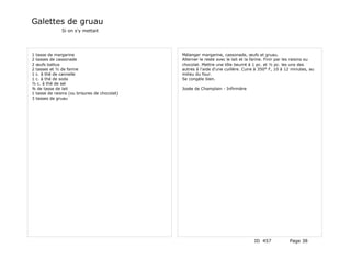 Galettes de gruau
               Si on s'y mettait




1 tasse de margarine                           Mélanger margarine, cassonade, œufs et gruau.
2 tasses de cassonade                          Alterner le reste avec le lait et la farine. Finir par les raisins ou
2 œufs battus                                  chocolat. Mettre une tôle beurré à 1 pc. et ½ pc. les uns des
2 tasses et ½ de farine                        autres à l'aide d'une cuillère. Cuire à 350° F, 10 à 12 minutes, au
1 c. à thé de cannelle                         milieu du four.
1 c. à thé de soda                             Se congèle bien.
½ c. à thé de sel
¾ de tasse de lait                             Josée de Champlain - Infirmière
1 tasse de raisins (ou brisures de chocolat)
3 tasses de gruau




                                                                                    ID 457             Page 38
 