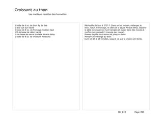 Croissant au thon
              Les meilleurs recettes des lionnettes




1 boîte de 6 oz. de thon By de Sea                    Réchauffer le four à 375° F. Dans un bol moyen, mélanger le
1 œuf cuit dur haché                                  thon, l'œuf, le fromage, le céleri et la sauce Miracle Whip. Séparer
1 tasse de 8 oz. de fromage cheddar râpé              la pâte à croissant en huit traingles et placer dans des moules à
1/3 de tasse de céleri haché                          muffins non graissé (1 triangle par moule).
¼ de tasse de sauce à salade Miracle Whip             Presser la pâte tout autour et jusqu'au bord.
1 boîte de 8 oz. de croissant Pillsburry              Remplir de mélange au thon.
                                                      Cuire de 10 à 15 minutes, jusqu'à ce que la croûte soit dorée.




                                                                                          ID 119            Page 395
 