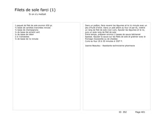 Filets de sole farci (1)
               Si on s'y mettait




1 paquet de filet de sole environ 450 gr.   Dans un poêlon, faire revenir les légumes et le riz minute avec un
½ tasse de carottes tranchées minces        peu d'huile d'olive. Dans un plat allant au four (4 par 8), mettre
½ tasse de champignons                      un rang de filet de sole (non cuit), Ajouter les légumes et le riz,
¼ de tasse de piment vert                   puis un aute rang de filet de sole.
¼ de tasse de céleri                        Entre temps, préparer environ 2 tasses de sauce béchamel
2 à 3 échalotes                             épaisse. Ajouter la sauce sur les filets de sole et gratiner avec le
¼ de tasse de riz minute                    fromage mozzarella ou de cheddar.
                                            Cuire au four 20 à 30 minutes à 350° F.

                                            Joanne Beaulieu - Assistante technicienne pharmacie




                                                                                 ID 392            Page 401
 