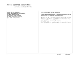 Régal surprise au saumon
              Les meilleurs recettes des lionnettes




1 boîte de 7 oz. de saumon                            Faire un mélange de tous ces ingrédients.
1 tasse de fromage râpé (ou Mozarella)
2 c. à thé de relish sucrée                           Tartiner ce mélange sur 6 pains à hot dog ouverts dans le sens de
1 petit oignon haché finement                         la longueur ou sur 9 tranches de pain à sandwich.
2 c. à thé de moutarde préparée
1½ c. à thé de mayonnaise                             Placer sur une tôle à biscuits et envelopper d'une feuille de papier
                                                      d'aluminium. Chauffer au four 450° F environ 10 minutes. Servir
                                                      accompagné d'une salade de légumes crus.
                                                      Donne 6 portions.
                                                      Cette recette peut être doublé ou triplée. Elle se congèle très bien.




                                                                                           ID 114            Page 425
 