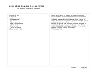 Côtelettes de porc aux pommes
               Les meilleurs recettes des lionnettes




Côtelettes de porc                                     Chauffer le four à 350° F. Chauffer les côtelettes pour bien
sel et poivre                                          graisser le poêlon. Brunir les côtelettes assaisonnées des deux
¼ de c. à thé de sauge                                 côtés. Peler les pommes et les couper en tranches de ¼ de pc.
3 pommes à cuire                                       d'épaisseur. Les mettre sur les côtelettes, couper l'oignon en
1 gros oignon                                          lamelles et disposer sur les pommes, ajouter la farine à la graisse
3 c. à thé de farine                                   de cuisson et cuire en brassant.
2 tasses d'eau bouillante                              Retirer du feu, ajouter l'eau bouillante, continuer la cuisson en
1 c. à thé de sel                                      brassant jusqu'à ce que la sauce soit épaisse et lisse. Ajouter 1 c.
1 pincée de poivre                                     à thé de sel, le poivre, le vinaigre et les raisins. Verser sur les
1 c. à thé de vinaigre                                 côtelettes, couvrir et cuire au four 1 heure.
½ tasse de raisins secs                                Délicieux sur un riz.




                                                                                            ID 162            Page 438
 