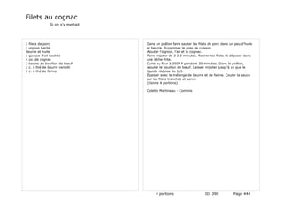 Filets au cognac
              Si on s'y mettait




2 filets de porc                  Dans un poêlon faire sauter les filets de porc dans un peu d'huile
1 oignon haché                    et beurre. Supprimer le gras de cuisson.
Beurre et huile                   Ajouter l'oignon, l'ail et le cognac.
1 gousse d'ail hachée             Faire mijoter de 3 à 5 minutes. Retirer les filets et déposer dans
4 oz. de cognac                   une lèche-frite.
2 tasses de bouillon de bœuf      Cuire au four à 350° F pendant 30 minutes. Dans le poêlon,
2 c. à thé de beurre ramolli      ajouter le bouillon de bœuf. Laisser mijoter jusqu'à ce que le
2 c. à thé de farine              liquide réduise du 1/3.
                                  Épaissir avec le mélange de beurre et de farine. Couler la sauce
                                  sur les filets tranchés et servir.
                                  (Donne 4 portions)

                                  Colette Martineau - Commis




                                       4 portions                     ID 390            Page 444
 