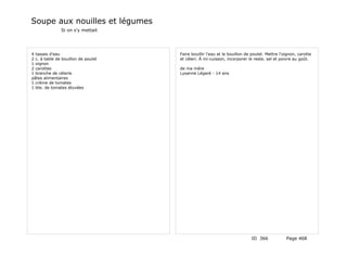 Soupe aux nouilles et légumes
               Si on s'y mettait




4 tasses d'eau                       Faire bouillir l'eau et le bouillon de poulet. Mettre l'oignon, carotte
2 c. à table de bouillon de poulet   et céleri. À mi-cuisson, incorporer le reste, sel et poivre au goût.
1 oignon
2 carottes                           de ma mère
1 branche de célerie                 Lysanne Légaré - 14 ans
pâtes alimentaires
1 crème de tomates
1 bte. de tomates étuvées




                                                                           ID 366             Page 468
 