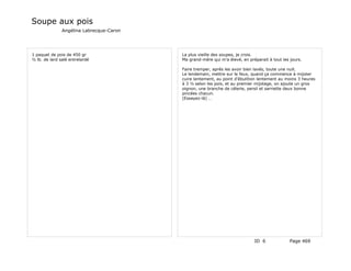 Soupe aux pois
               Angélina Labrecque-Caron




1 paquet de pois de 450 gr                La plus vieille des soupes, je crois.
½ lb. de lard salé entrelardé             Ma grand-mère qui m'a élevé, en préparait à tout les jours.

                                          Faire tremper, après les avoir bien lavés, toute une nuit.
                                          Le lendemain, mettre sur le feux, quand ça commence à mijoter
                                          cuire lentement, au point d'ébulition lentement au moins 3 heures
                                          à 3 ½ selon les pois, et au premier mijotage, on ajoute un gros
                                          oignon, une branche de célerie, persil et sarriette deux bonne
                                          pincées chacun.
                                          (Essayez-là) …




                                                                             ID 6              Page 469
 