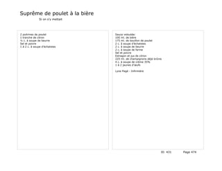 Suprême de poulet à la bière
              Si on s'y mettait




2 poitrines de poulet             Sauce veloutée:
1 tranche de citron               100 ml. de bière
½ c. à soupe de beurre            175 ml. de bouillon de poulet
Sel et poivre                     2 c. à soupe d'échalotes
1 à 2 c. à soupe d'échalotes      2 c. à soupe de beurre
                                  2 c. à soupe de farine
                                  Sel et poivre
                                  Estragon et jus de citron
                                  225 ml. de champignons déjà brûnis
                                  4 c. à soupe de crème 35%
                                  1 à 2 jaunes d'œufs

                                  Lyne Pagé - Infirmière




                                                                   ID 431   Page 474
 