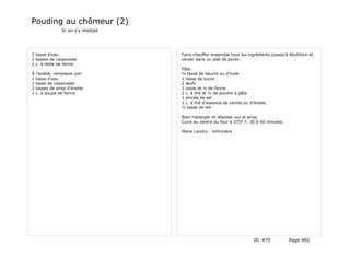 Pouding au chômeur (2)
                 Si on s'y mettait




2 tasse d'eau                        Faire chauffer ensemble tous les ingrédients jussqu'à ébullition et
2 tasses de cassonade                verser dans un plat de pyrex.
1 c. à table de farine
                                     Pâte:
À   l'érable, remplacer par:         ½ tasse de beurre ou d'huile
1   tasse d'eau                      1 tasse de sucre
1   tasse de cassonade               2 œufs
2   tasses de sirop d'érable         1 tasse et ½ de farine
1   c. à soupe de farine             2 c. à thé et ½ de poudre à pâte
                                     1 pincée de sel
                                     1 c. à thé d'essence de vanille ou d'érable
                                     ½ tasse de lait

                                     Bien mélanger et déposer sur le sirop.
                                     Cuire au centre du four à 375° F, 30 à 40 minutes.

                                     Marie Landry - Infirmière




                                                                         ID 479            Page 482
 
