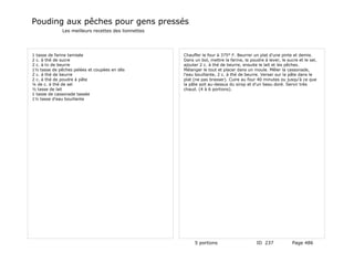 Pouding aux pêches pour gens pressés
              Les meilleurs recettes des lionnettes




1 tasse de farine tamisée                             Chauffer le four à 375° F. Beurrer un plat d'une pinte et demie.
2 c. à thé de sucre                                   Dans un bol, mettre la farine, la poudre à lever, le sucre et le sel,
2 c. à tv de beurre                                   ajouter 2 c. à thé de beurre, ensuite le lait et les pêches.
1½ tasse de pêches pelées et coupées en dés           Mélanger le tout et placer dans un moule. Mêler la cassonade,
2 c. à thé de beurre                                  l'eau bouillante, 2 c. à thé de beurre. Verser sur la pâte dans le
2 c. à thé de poudre à pâte                           plat (ne pas brasser). Cuire au four 40 minutes ou jusqu'à ce que
¼ de c. à thé de sel                                  la pâte soit au-dessus du sirop et d'un beau doré. Servir très
½ tasse de lait                                       chaud. (4 à 6 portions).
1 tasse de cassonade tassée
1½ tasse d'eau bouillante




                                                           5 portions                      ID 237             Page 486
 