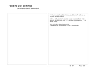 Pouding aux pommes
      Les meilleurs recettes des lionnettes




                                              5 à 6 pommes pelées, tranchées saupoudrées de ¾ de tasse de
                                              sucre et cannelle au goût.

                                              Battre 2 œufs, ajouter ½ tasse de sucre, ½ tasse d'huile, ¾ de
                                              tasse de farinetamisée avec 1½ c. à thé de poudre à lever, 1 c. à
                                              thé de vanille.

                                              Bien mélanger, verser les pommes.
                                              Cuire à 350° F, 25 minutes ou à 250° F, 45 minutes.




                                                                                 ID 234             Page 487
 
