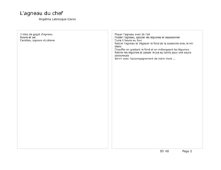 L'agneau du chef
               Angélina Labrecque-Caron




3 kilos de gogot d'agneau                 Piquer l'agneau avec de l'ail
Poivre et sel                             Ficeler l'agneau, ajouter les légumes et assaisonner
Carottes, oignons et célerie              Cuire 1 heure au four
                                          Retirer l'agneau et déglacer le fond de la casserole avec le vin
                                          blanc
                                          Chauffer en grattant le fond et en mélangeant les légumes.
                                          Retirer les légumes et passer le jus au tamis pour une sauce
                                          savoureuse
                                          Servir avec l'accompagnement de votre choix …




                                                                               ID 60             Page 5
 