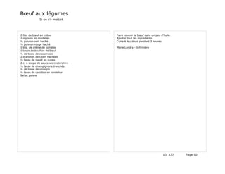 Bœuf aux légumes
              Si on s'y mettait




2 lbs. de bœuf en cubes                Faire revenir le bœuf dans un peu d'huile.
2 oignons en rondelles                 Ajouter tout les ingrédients.
½ poivron vert haché                   Cuire à feu doux pendant 3 heures.
½ poivron rouge haché
1 bte. de crème de tomates             Marie Landry - Infirmière
1 tasse de bouillon de bœuf
¼ de tasse de cassonade
2 branches de céleri hachées
½ tasse de navet en cubes
2 c. à soupe de sauce worcestershire
½ tasse de champignons tranchés
¼ de tasse de vinaigre
½ tasse de carottes en rondelles
Sel et poivre




                                                                           ID 377   Page 50
 