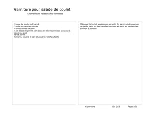 Garniture pour salade de poulet
             Les meilleurs recettes des lionnettes




1 tasse de poulet cuit haché                                  Mélanger le tout et assaisonner au goût. En garnir généreusement
3 radis en tranches minces                                    de petits pains ou des tranches beurrées et servir en sandwiches.
4 olives noires hachées                                       Environ 6 portions
¼ de tasse de piment vert doux en dés mayonnaise ou sauce à
salade au goût
Sel et poivre
Romarin, poudre de cari et poudre d'ail (facultatif)




                                                                   6 portions                    ID 203           Page 501
 