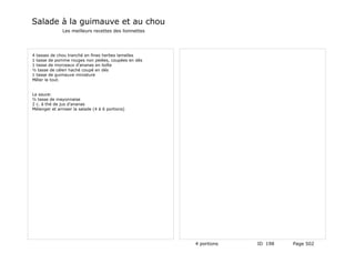 Salade à la guimauve et au chou
               Les meilleurs recettes des lionnettes




4 tasses de chou tranché en fines herbes lamelles
1 tasse de pomme rouges non pelées, coupées en dés
1 tasse de morceaux d'ananas en boîte
½ tasse de céleri haché coupé en dés
1 tasse de guimauve miniature
Mêler le tout.


La sauce:
½ tasse de mayonnaise
2 c. à thé de jus d'ananas
Mélanger et arroser la salade (4 à 6 portions)




                                                       4 portions   ID 198   Page 502
 