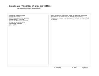Salade au macaroni et aux crevettes
              Les meilleurs recettes des lionnettes




2 tasses de macaroni coupé                            Cuire le macaroni. Égoutter et passer à l'eaufroide. Ajouter les
2 pintes d'eau salée                                  crevettes, la sauce française, le céleri et les cornichons.
1¾ de tasse de crevettes égouttées                    Assaisonner. Décorer avec la tomate et l'œuf cuit dur. Servir froid.
1 tasse de sauce française                            6 portions.
½ tasse de céleri coupé finement
½ tasse de cornichon sucrés
1 tomates en quartiers
1 œuf cuit dur.




                                                           6 portions                     ID 199            Page 504
 