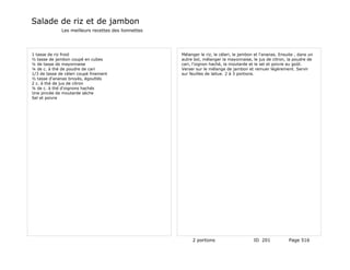 Salade de riz et de jambon
              Les meilleurs recettes des lionnettes




1 tasse de riz froid                                  Mélanger le riz, le céleri, le jambon et l'ananas. Ensuite , dans un
½ tasse de jambon coupé en cubes                      autre bol, mélanger la mayonnaise, le jus de citron, la poudre de
¼ de tasse de mayonnaise                              cari, l'oignon haché, la moutarde et le sel et poivre au goût.
¼ de c. à thé de poudre de cari                       Verser sur le mélange de jambon et remuer légèrement. Servir
1/3 de tasse de céleri coupé finement                 sur feuilles de laitue. 2 à 3 portions.
½ tasse d'ananas broyés, égouttés
2 c. à thé de jus de citron
¼ de c. à thé d'oignons hachés
Une pincée de moutarde sèche
Sel et poivre




                                                           2 portions                      ID 201            Page 516
 