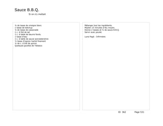 Sauce B.B.Q.
              Si on s'y mettait




¼ de tasse de vinaigre blanc           Mélanger tout les ingrédients.
1 tasse de ketchup                     Mijoter 15 minutes à feu moyen.
¼ de tasse de cassonade                Donne 2 tasses et ¼ de sauce B.B.Q.
1 c. à thé de sel                      Servir avec poulet.
1 c. à table de beurre fondu
1 tasse d'eau                          Lyne Pagé - Infirmière
1 c. à table de sauce worcestershire
½ tasse d'iognon haché finement
¼ de c. à thé de poivre
Quelques gouttes de Tabasco




                                                                        ID 362   Page 531
 