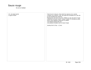 Sauce rouge
              Si on s'y mettait




1 lb. de steak haché              Faire brunir le beurre. Faire doré les oignons et la viande.
1 oignon haché                    Lorsque cuit, ajouter 1 bte. de soupe aux tomates et un peu de
                                  jus de tomates pour éclaircir.
                                  Assaisonner de sel et de poivre. Mettre un peu de poivre rouge
                                  (cayenne) et laurier moulu. Laisser mijoter 15 minutes ou plus.
                                  Servir avec patates et légumes ou salade.
                                  Les enfants aiment bien ça! …
                                  Les patates écrasées avec la sauce rouge.

                                  Audrey-Ann B. Roy - 12 ans




                                                                     ID 363            Page 536
 