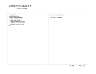 Vinaigrette Lauraine
               Si on s'y mettait




1 tasse d'huile                    Conserver au réfrigérateur.
½ tasse de vinaigre
½ tasse de sirop d'érable          Lyne Pagé - Infirmière
1 oignon haché finement
1 gousse d'ail hachée
1 c. à thé de graines de céleri
1 c. à thé de moutarde sèche
1 c. à soupe de persil haché
Sel




                                                                 ID 375   Page 542
 