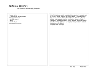 Tarte au coconut
              Les meilleurs recettes des lionnettes




2 tasses de lait                                      Chauffé 1½ tasse de lait. Avant ébullition, ajouter ½ tasse de lait,
2 c. à soupe de fécule de maïs                        le sucre, la farine, la fécule de maïs et le sel. Laisser épaisseur.
¼ de tasse de sucre                                   Ajouter les 2 jaunes d'œufs, bien mélanger. Enlever du feu et
1 carré de beurre                                     ajouter ¼ de tasse de coconut et le beurre. Laisser refroidir.
2 œufs                                                Déposer la préparation dans la croûte de tarte. Monter les blancs
1 pincée de sel                                       d'œufs en neige et étendre sur la préparation, mettre le reste du
¼ de tasse de coconut                                 coconut et griller à broil.
                                                      Surveiller bien votre four




                                                                                           ID 253            Page 551
 