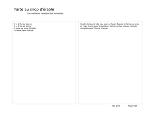 Tarte au sirop d'érable
               Les meilleurs recettes des lionnettes




3 c. à thé de beurre                                   Fondre le beurre très peu avec un fouet. Ajouter la farine, le sirop
4 c. à thé de farine                                   et l'eau. Cuire jusqu'à ébullition. Retirer du feu. Laisser refroidir
1 tasse de sirop d'érable                              complètement. Donne 2 tartes.
½ tasse d'eau chaude




                                                                                            ID 255             Page 553
 