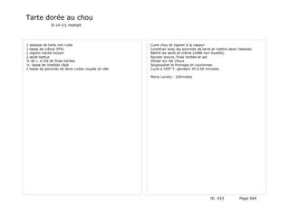 Tarte dorée au chou
              Si on s'y mettait




1 abaisse de tarte non cuite                      Cuire chou et oignon à la vapeur.
1 tasse de crème 35%                              Combiner avec les pommes de terre et mettre dans l'abaisse.
1 oignon haché moyen                              Battre les œufs et crème (mêlé non fouetté).
2 œufs battus                                     Ajouter poivre, fines herbes et sel.
¼ de c. à thé de fines herbes                     Verser sur les choux.
½ tasse de cheddar râpé                           Soupoudrer le fromage en couronnes
1 tasse de pommes de terre cuites coupés en dés   Cuire à 350° F. pendant 45 à 60 minutes.

                                                  Marie Landry - Infirmière




                                                                                    ID 433           Page 564
 