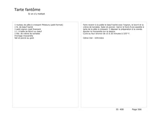 Tarte fantôme
               Si on s'y mettait




1 rouleau de pâte à croissant Pittsbury (petit format)   Faire revenir à la poêle le bœuf haché avec l'oignon, le bovril et la
1 lb. de bœuf haché                                      crème de tomates. Saler et poivrer. Garnir le fond d'une assiette à
1 petit oignon copé finement                             tarte de la pâte à croissant. Y déposer la préparation à la viande.
1 c. à table de Bovril au bœuf                           Ajouter le mozzarella sur le dessus.
1 bte. de crème de tomates                               Cuire au four environ de 15 à 20 minutes à 325° F.
Fromage mozzarella
Set et poivre au goût                                    Céline Viel - Infirmière




                                                                                              ID 408            Page 566
 