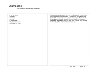 Champagne
              Les meilleurs recettes des lionnettes




10 lbs. de sucre                                      Mettre tous ces ingrédients dans un grand chaudron en ayant soin
6 bananes                                             de couper les fruits en quartiers. Couvrir d'une coton à fromage.
6 pommes                                              Au bout de 5 jours, ajouter 5 oranges en quartiers. Recouvrir et
6 citrons                                             laisser passer 40 jours. Faites la première coulée à l'aide d'une
10 pintes d'eau                                       passoire et la deuxième dans un linge pour le filtrer. Vous pouvez
4 lbs. de raisins secs                                le filtrer deux fois. Embouteillez ou buvez le …
1 enveloppe de levure




                                                                                         ID 294            Page 70
 