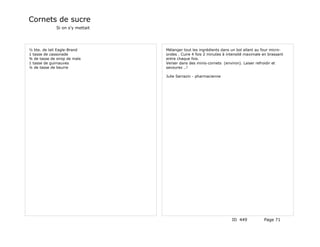 Cornets de sucre
              Si on s'y mettait




½ bte. de lait Eagle-Brand        Mélanger tout les ingrédients dans un bol allant au four micro-
1 tasse de cassonade              ondes . Cuire 4 fois 2 minutes à intensité maximale en brassant
¾ de tasse de sirop de maïs       entre chaque fois.
1 tasse de guimauves              Verser dans des minis-cornets (environ). Laiser refroidir et
¼ de tasse de beurre              savourez ..!

                                  Julie Sarrazin - pharmacienne




                                                                     ID 449           Page 71
 