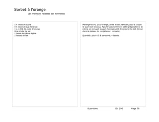 Sorbet à l'orange
              Les meilleurs recettes des lionnettes




1¼ tasse de sucre                                     Mélangersucre, jus d'orange, zeste et sel; remuer jusqu'à ce que
1½ tasse de jus d'orange                              le sucre soit dissous. Ajouter graduellement cette préparation à la
1 c. à thé de zeste d'orange                          crème en remuant jusqu'à homogénéité. Incorporer lle lait. Verser
Une pincée de sel                                     dans le plateau du congélateur; congeler.
1 tasse de crème légère
2 tasses de lait                                      Quantité: pour 6 à 8 personne, 4 tasses.




                                                           8 portions                     ID 296            Page 78
 