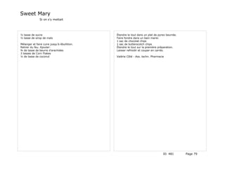 Sweet Mary
               Si on s'y mettait




½ tasse de sucre                              Étendre le tout dans un plat de pyrex beurrée.
½ tasse de sirop de maïs                      Faire fondre dans un bain marie:
                                              1 sac de chocolat chips
Mélanger et faire cuire jusqu'à ébullition.   1 sac de butterscotch chips
Retirer du feu. Ajouter:                      Étendre le tout sur la première préparation.
¾ de tasse de beurre d'arachides              Laisser refroidir et couper en carrés.
3 tasses de Corn Flakes
¼ de tasse de coconut                         Valérie Côté - Ass. techn. Pharmacie




                                                                                 ID 481        Page 79
 